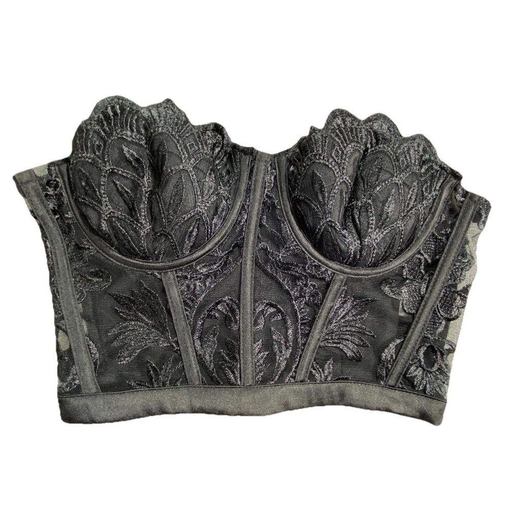 Charlotte Russe Bustier Crop Top Womens XS Black Lace Stretch Strapless Back Zip